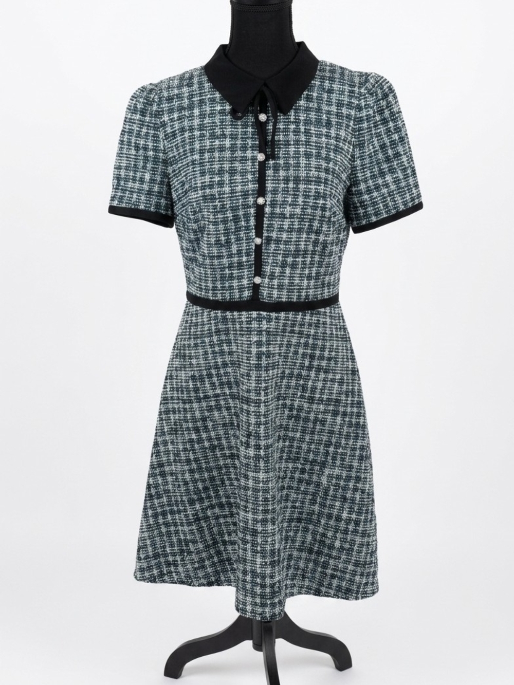Karl Lagerfeld Black-Trim Blue Gray Tweed Mini Dress